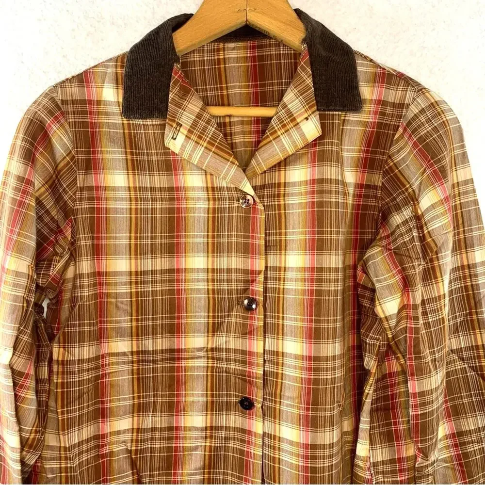 VTG Handmade Womens Plaid Button Up Shirt Corduroy Trim Farm‎ Cottagecore Rustic - Picture 2 of 7